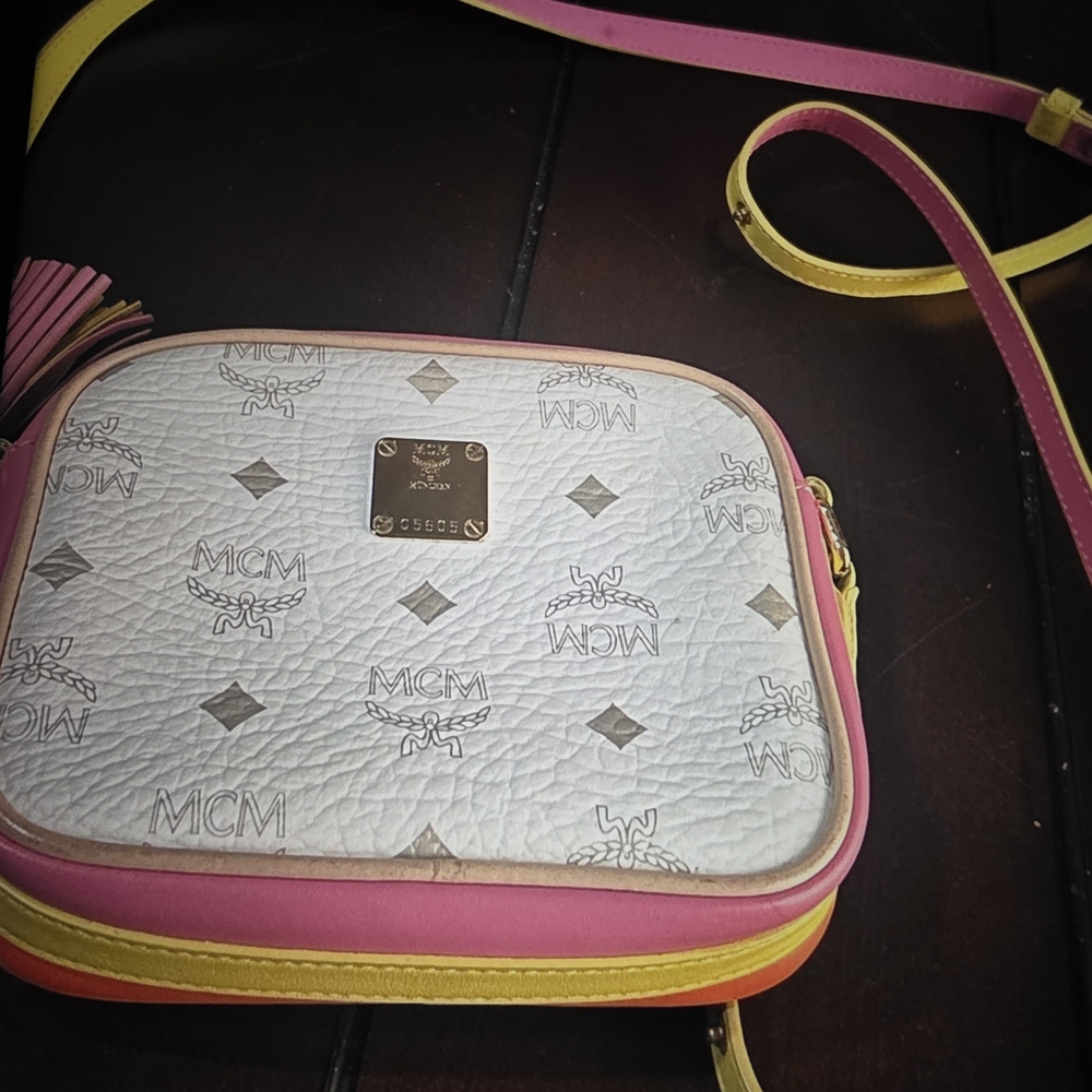 **EUC** MCM White/Pink/Yellow Leather Crossbody Bag - Picture 7 of 8